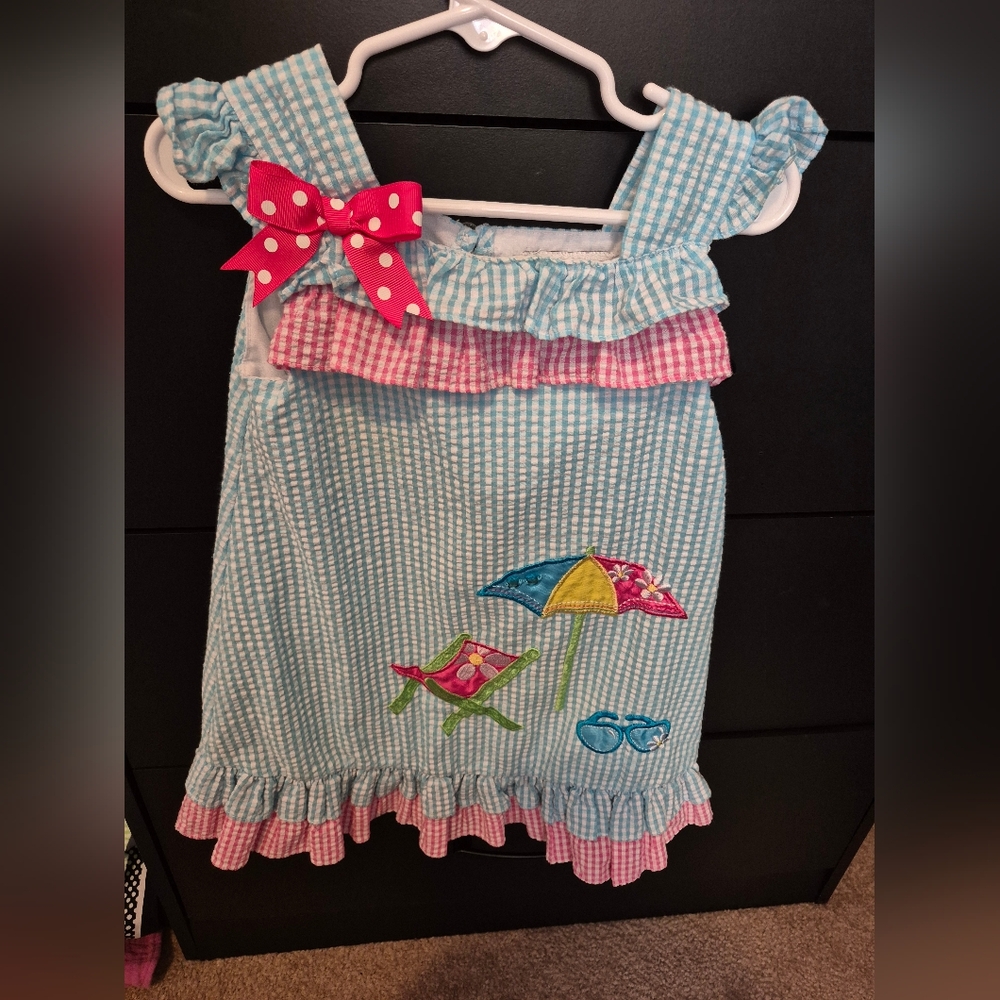Rare Editions Blue and Pink Seersucker Dress with Beach Motif